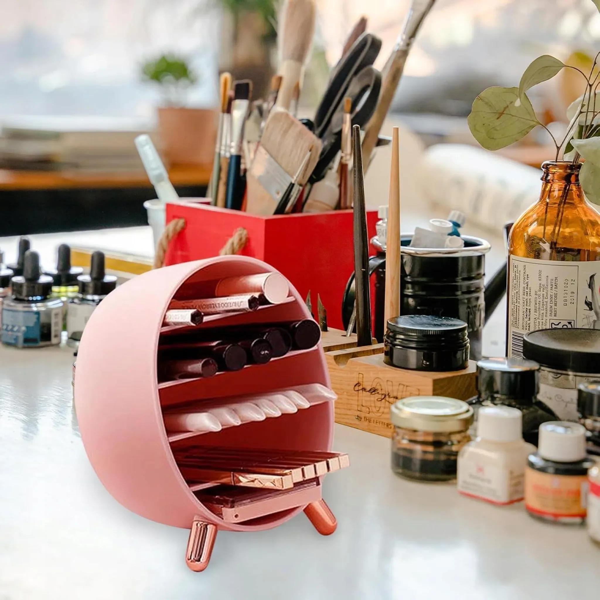 Kosmetik-Organizer für Pinsel & Lippenstifte – Retro-Schminktisch
